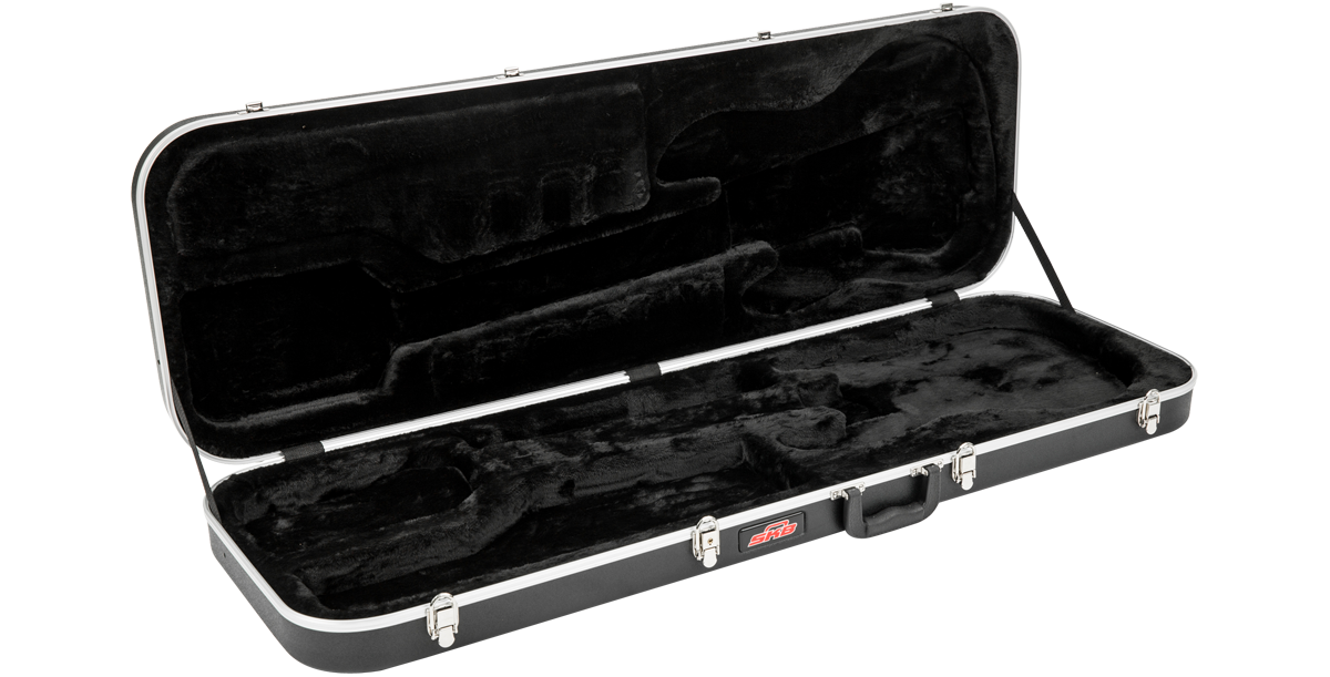 Electric Bass Guitar Case - Economy model open and empty, revealing plush black interior molded for right-handed bass guitars.