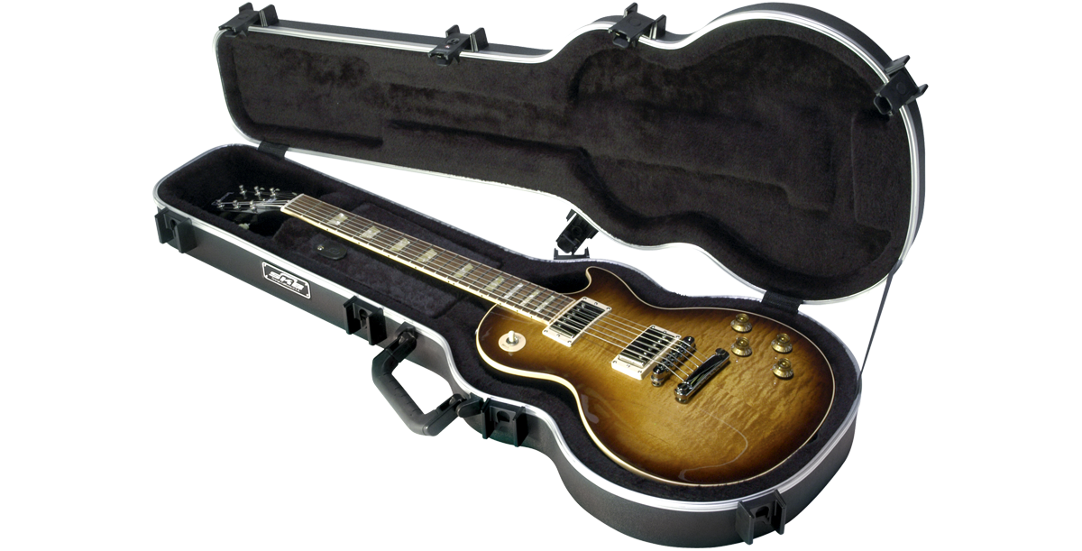 Les Paul® Guitar Case with TSA latches shown open with a Les Paul electric guitar inside, offering a secure and snug fit for travel.