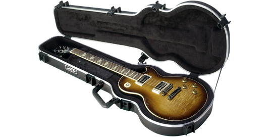 Les Paul® Guitar Case with TSA latches shown open with a Les Paul electric guitar inside, offering a secure and snug fit for travel.