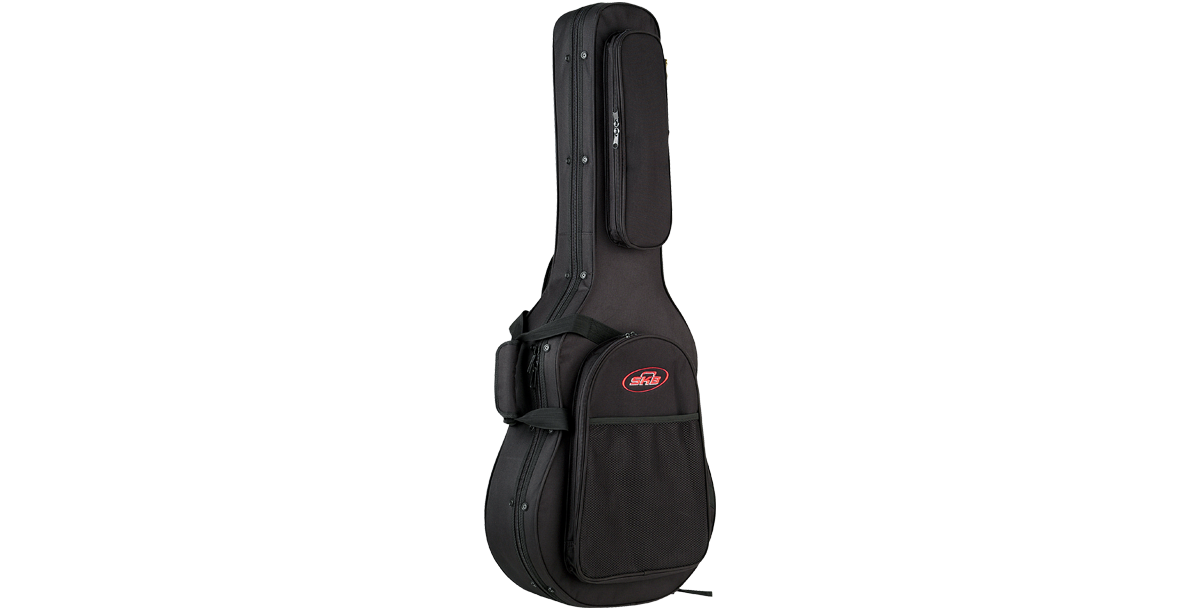 Angled side view of Acoustic Guitar Soft Case highlighting its slim profile, durable stitching, and ergonomic carrying design.