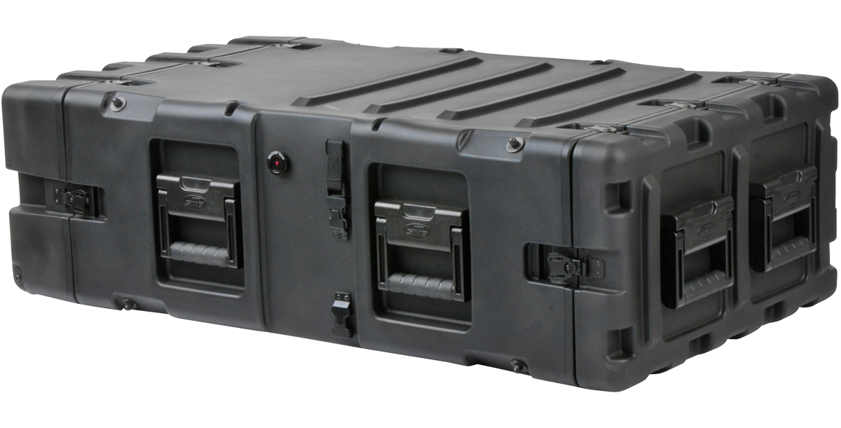 Angled rear view of SKB 4U RR Series Shock Rack, 30-inch deep, showing rugged construction and ergonomic handles for transport.