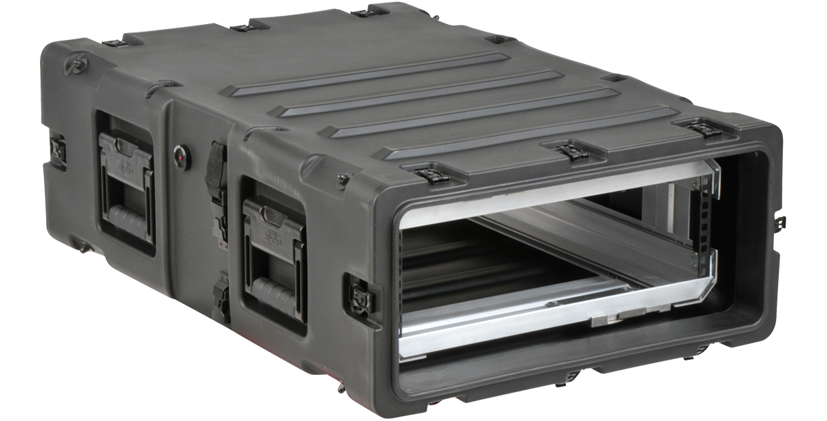 Rear angle of 30-inch SKB Shock Rack Case highlighting shock-mounted frame and durable exterior for rugged transport.