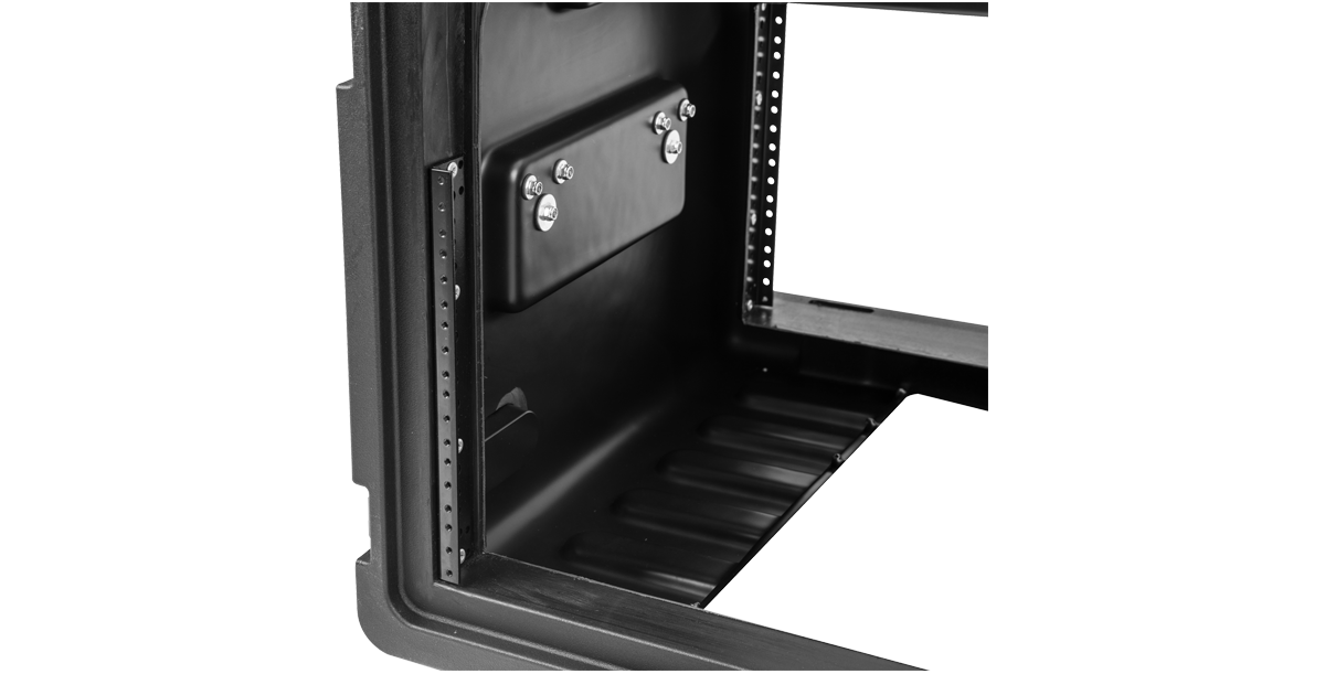 Close-up of interior rack rails in the 10U Top 6U Compact Rolling Rig Case, showing durable roto-molded construction for secure mounting.