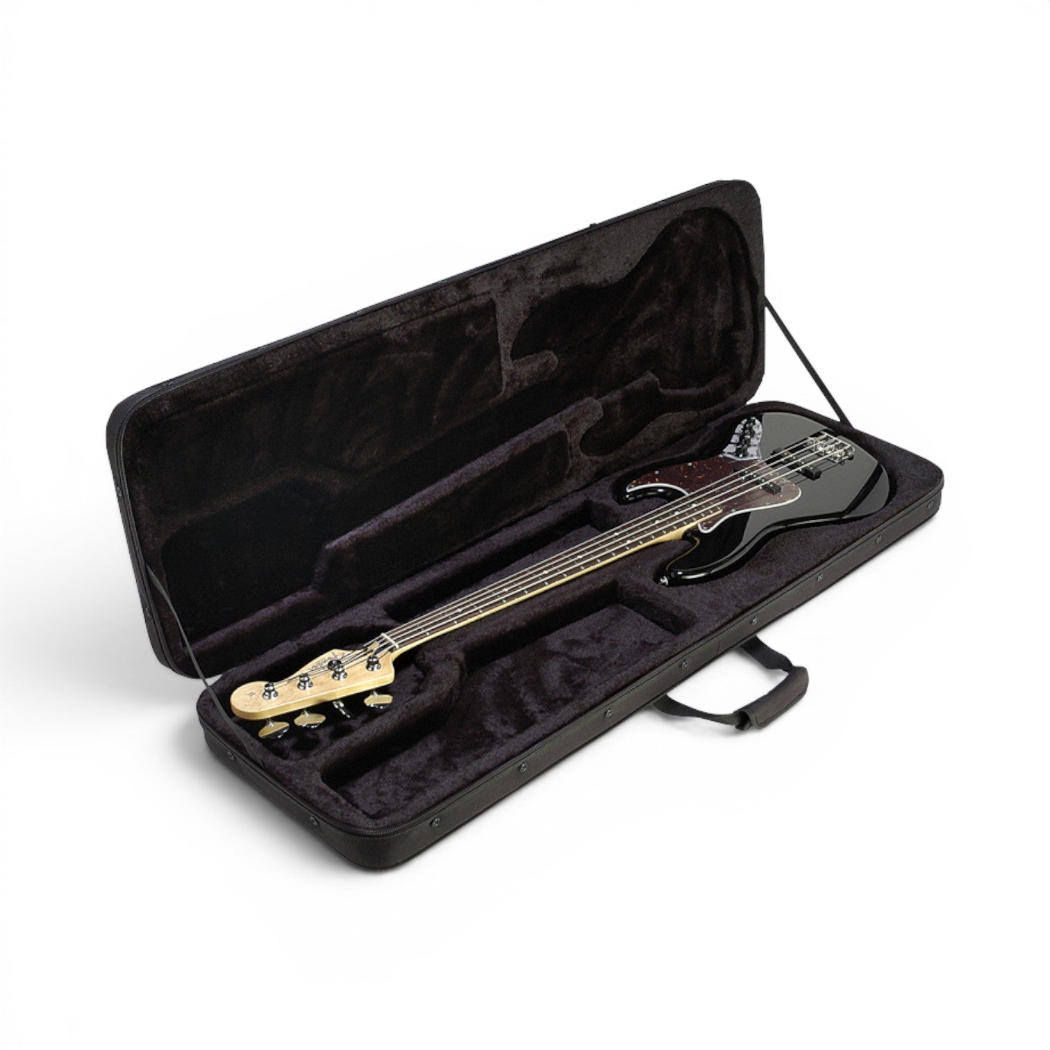 Open soft case for bass guitars with molded interior cradling a black electric bass. Provides secure fit and cushioned protection.