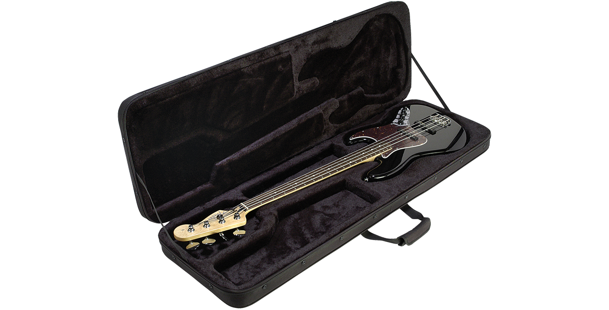Open soft case for bass guitars with molded interior cradling a black electric bass. Provides secure fit and cushioned protection.