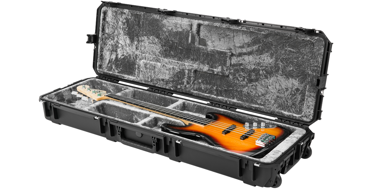 Angled view of iSeries Waterproof Bass Guitar Case with guitar inside, highlighting rugged exterior and custom-fit interior.