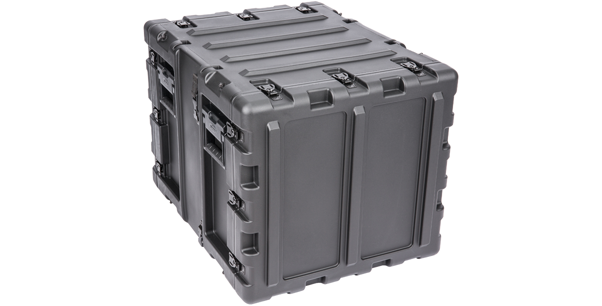 Rear-left view of 9U Shockproof Rack Case showing sealed back panel and reinforced corners for rugged electronics transport.