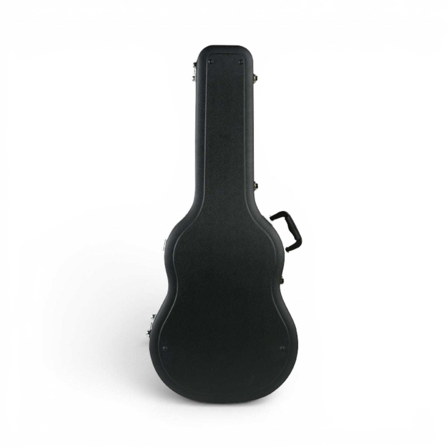 Closed SKB Economy acoustic guitar case in black, designed for durable protection with molded exterior and handle.