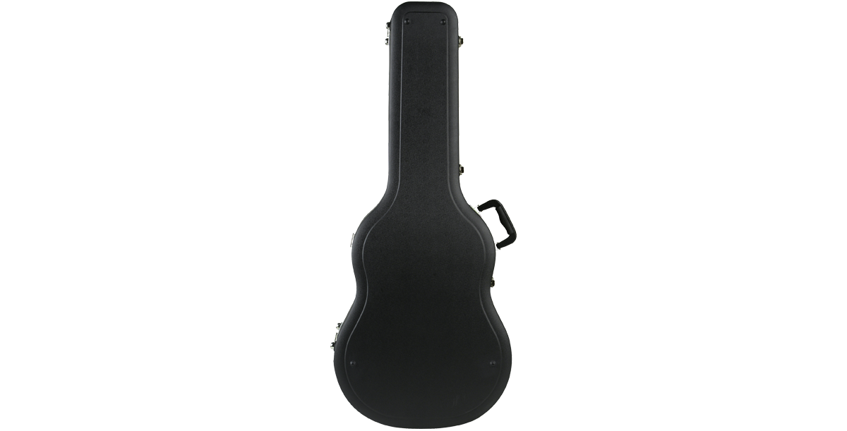 Closed SKB Economy acoustic guitar case in black, designed for durable protection with molded exterior and handle.