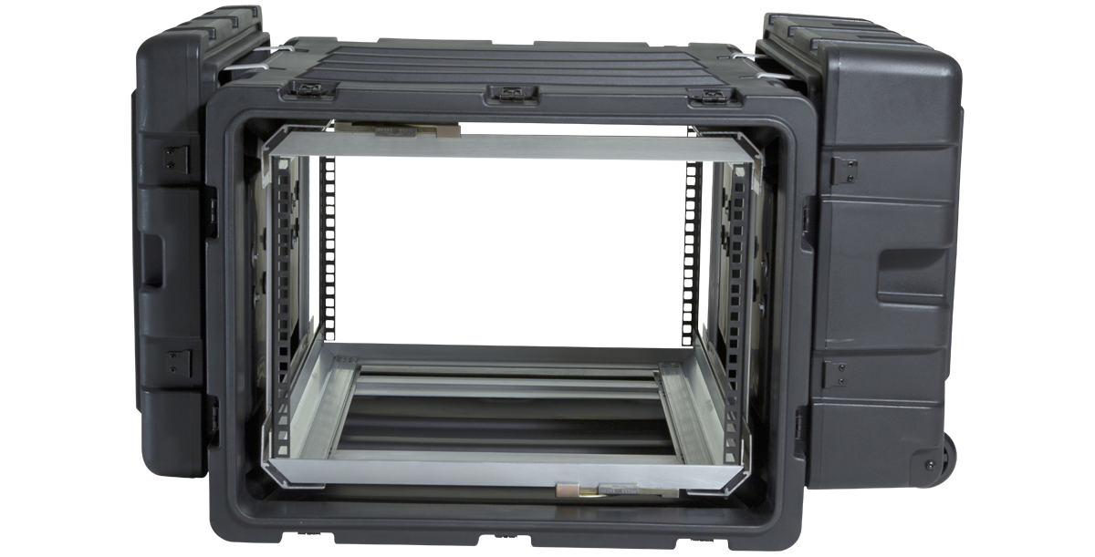 Front-facing view of 7U Shock Rack - 24-Inch Deep, highlighting internal rack rails and durable shock-absorbing suspension system.