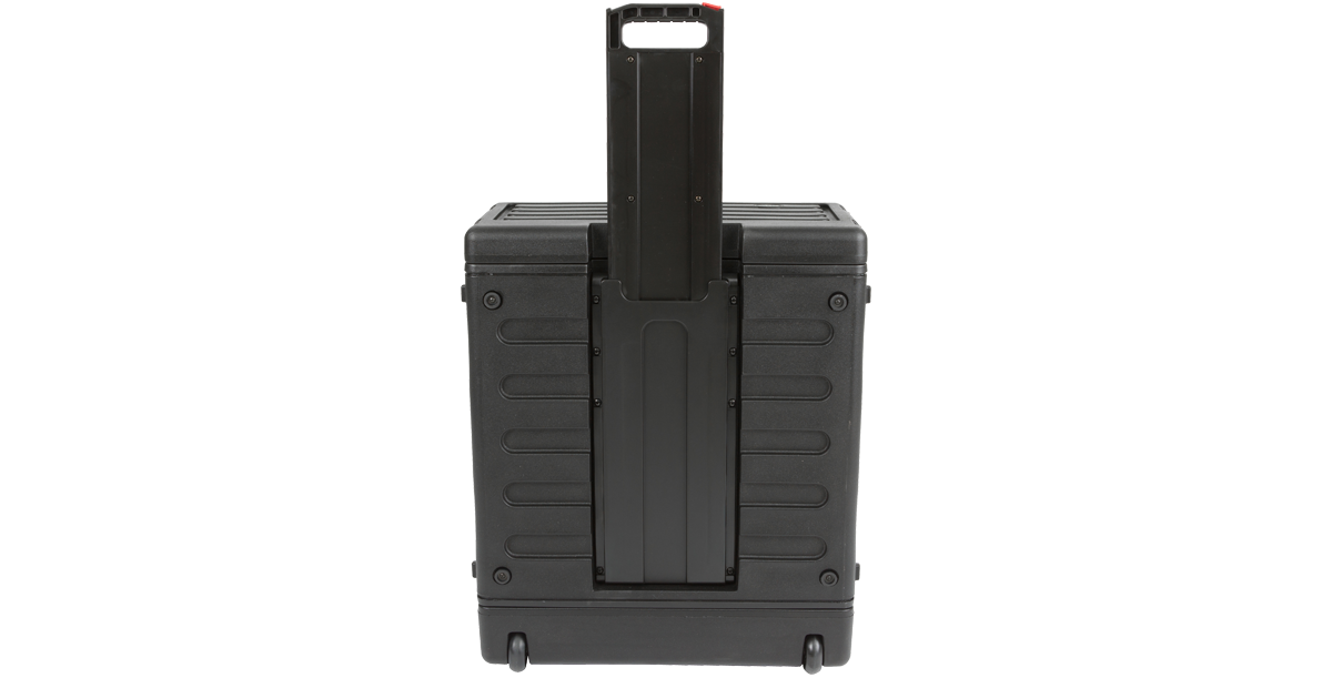 Rear view of 4U rSeries Roto Rolling Rack by SKB showing extended pull handle and rugged wheels for easy transport.
