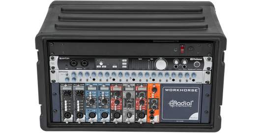 6U Shallow Rack - Durable and Secure with mounted audio equipment, featuring a rugged polyethylene build and Mil-Spec latches for secure transport.
