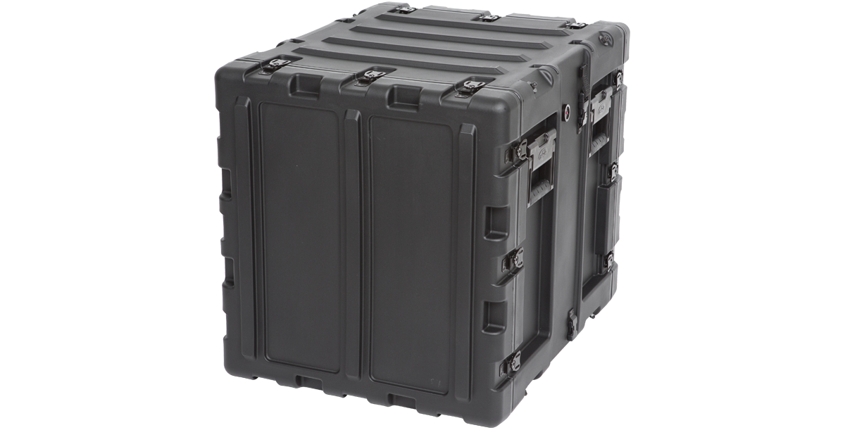 Back angled view of 20-inch shockproof rack case with heavy-duty latches and handles, designed for secure electronics transport.