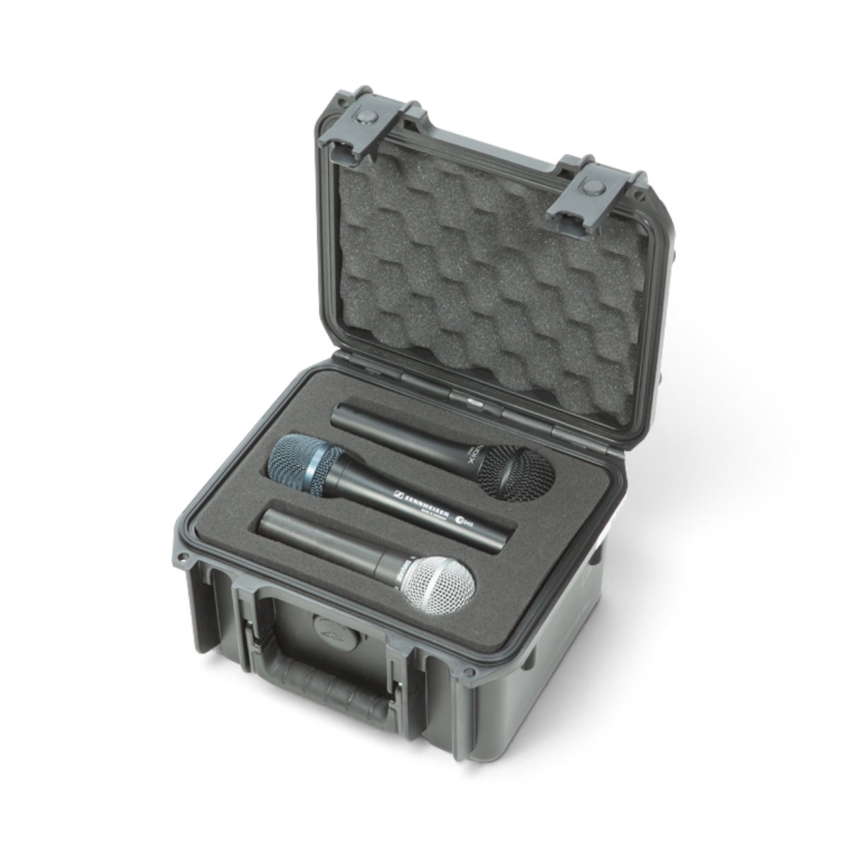 SKB Cases iSeries 0907-6 waterproof microphone case in black with foam interior holding three handheld microphones.