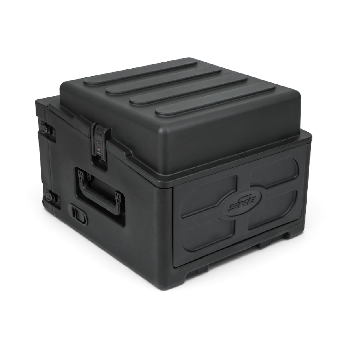 Side view of closed rolling compact rig with molded shell and secure latches. Built for safe transport of 10U and 4U rack gear.