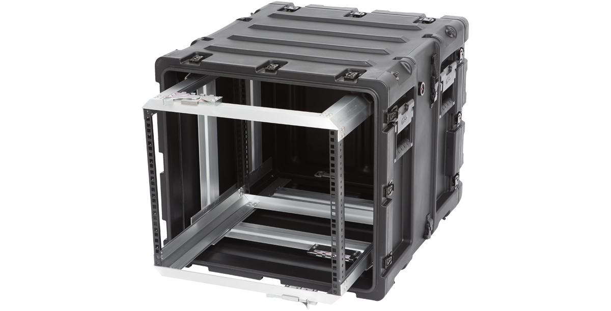 Angled view of 20-inch shock rack case highlighting rugged exterior and internal shock-absorbing frame for electronic equipment protection.