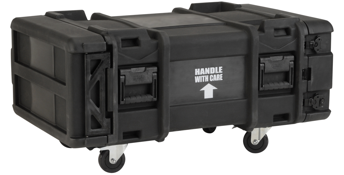 Angled front view of 4U 30-inch Shock Rack showing durable black casing, wheels, and reinforced corners for heavy-duty use.