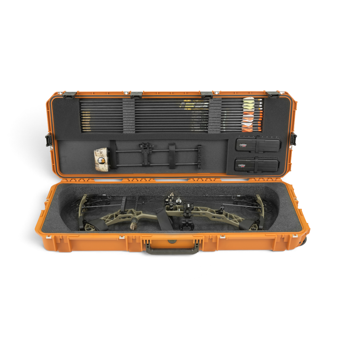 SKB Cases Pro Series medium bow case in coyote brown with foam interior, holding a compound bow and arrows.