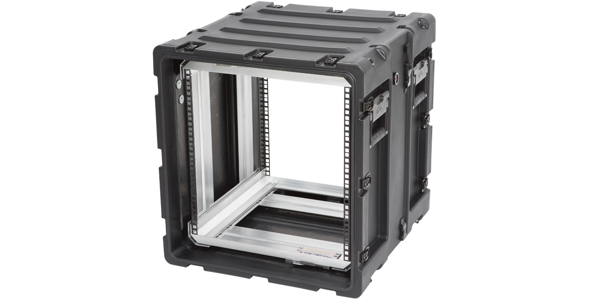 Angled view of 11U 20-inch shockproof rack case, featuring rugged exterior and internal mounting rails for pro audio or IT gear.