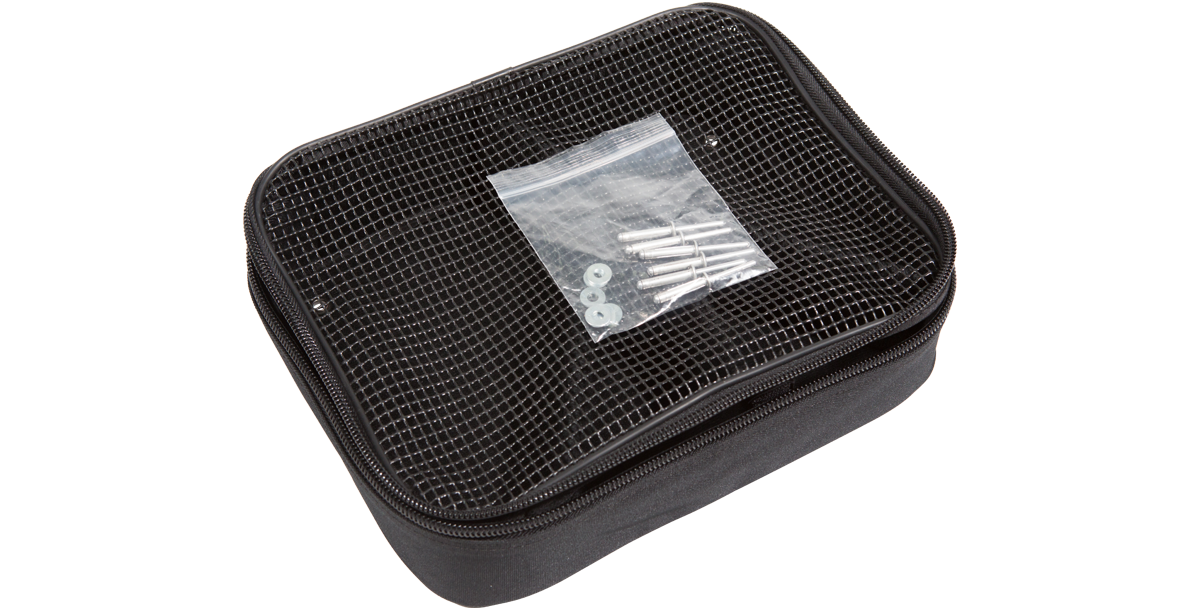 Caster Storage Bag with visible mounting hardware in mesh pocket, designed for SKB Shockrack accessory organization.