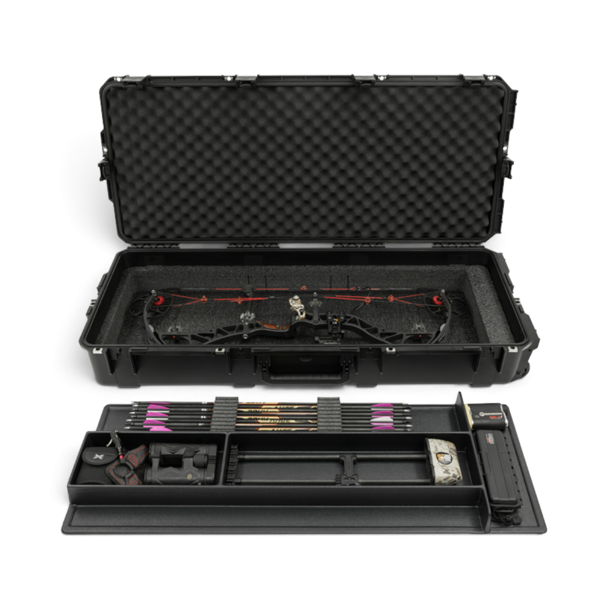 SKB Cases iSeries bow case with foam interior holding a compound bow and a removable accessory tray with arrows.