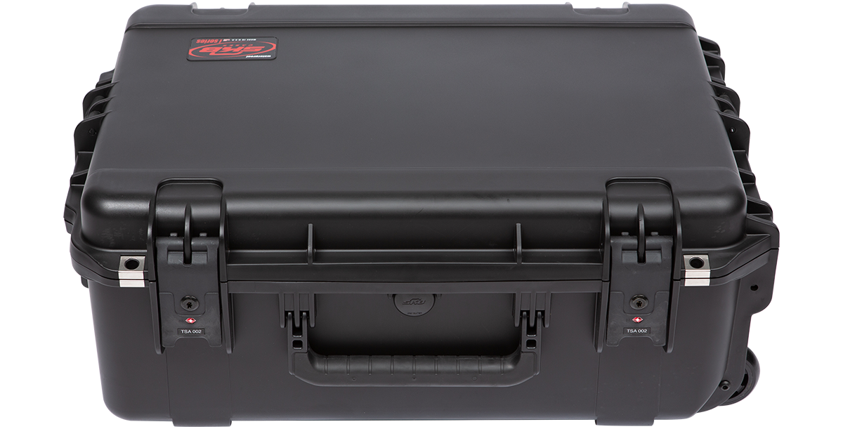 Closed SKB 2U iSeries Fly Rack case with secure latches and molded exterior, designed for waterproof and impact-resistant protection.