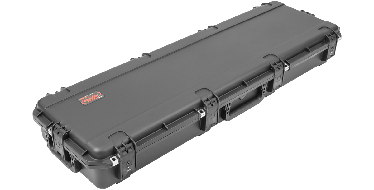 Closed iSeries Waterproof StingRay Bass Case with durable black exterior and secure latches. Designed for air travel with TSA locks.
