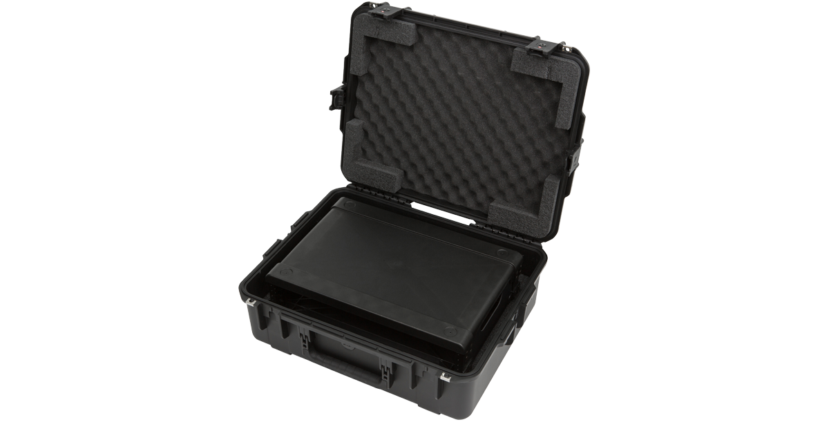 Angled open view of Injection Molded Fly Rack 2U Case with rack inside, designed for watertight and impact-resistant storage.