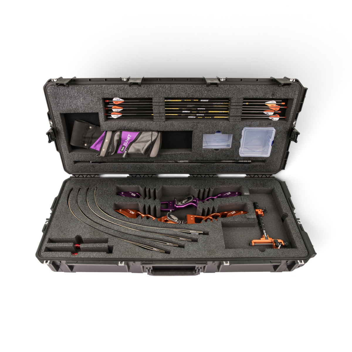 SKB Cases iSeries 4217-7 double recurve bow case with custom foam interior holding two bows, arrows, and accessories.