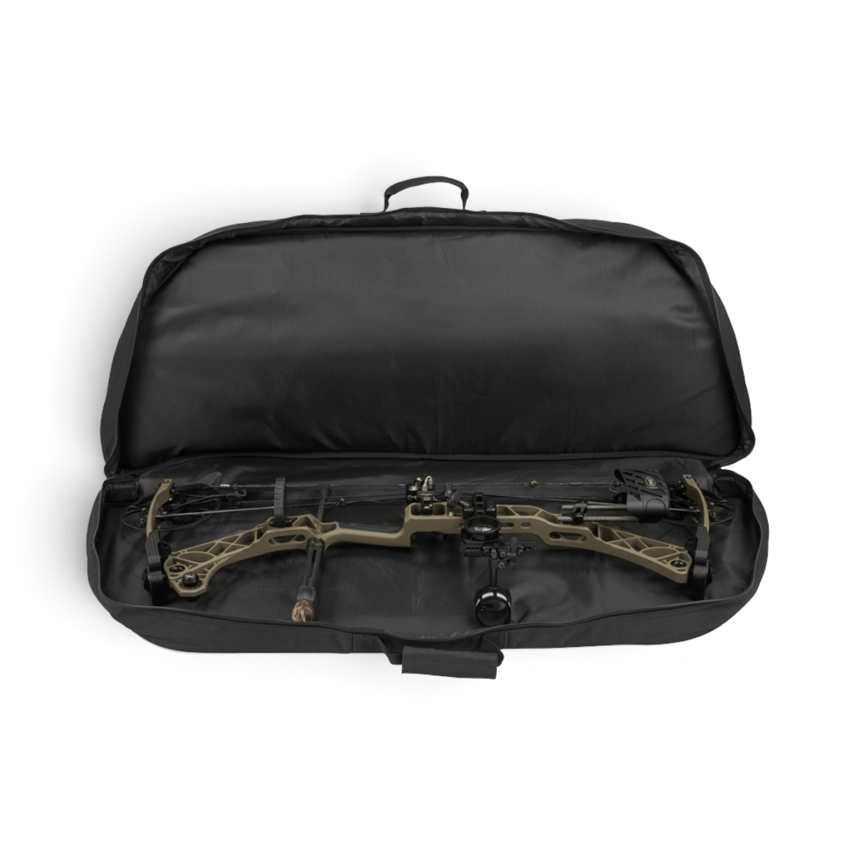 SKB Cases black archery bow bag open with a compound bow stored inside, featuring multiple accessory compartments.