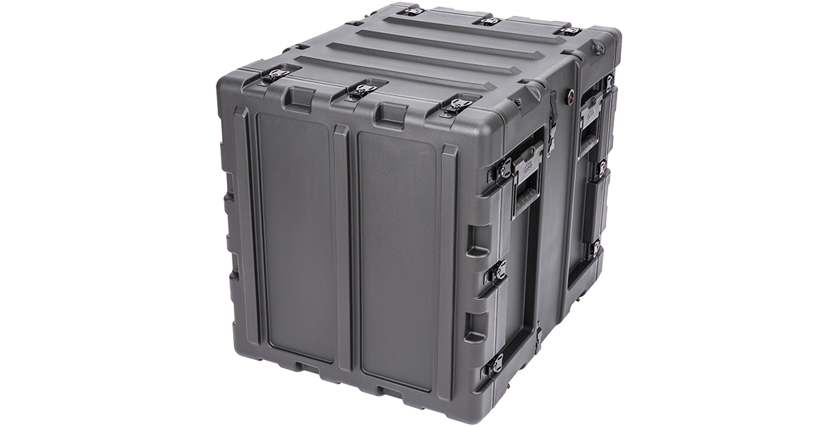 Angled rear view of 11U 20-inch Shock Rack Case showcasing heavy-duty handles and secure latches for easy and safe mobility.