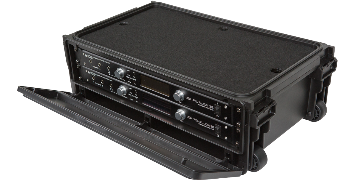 Open 2U Studio Flyer Rack Case with mounted gear, highlighting interior space and injection molded construction for durability.