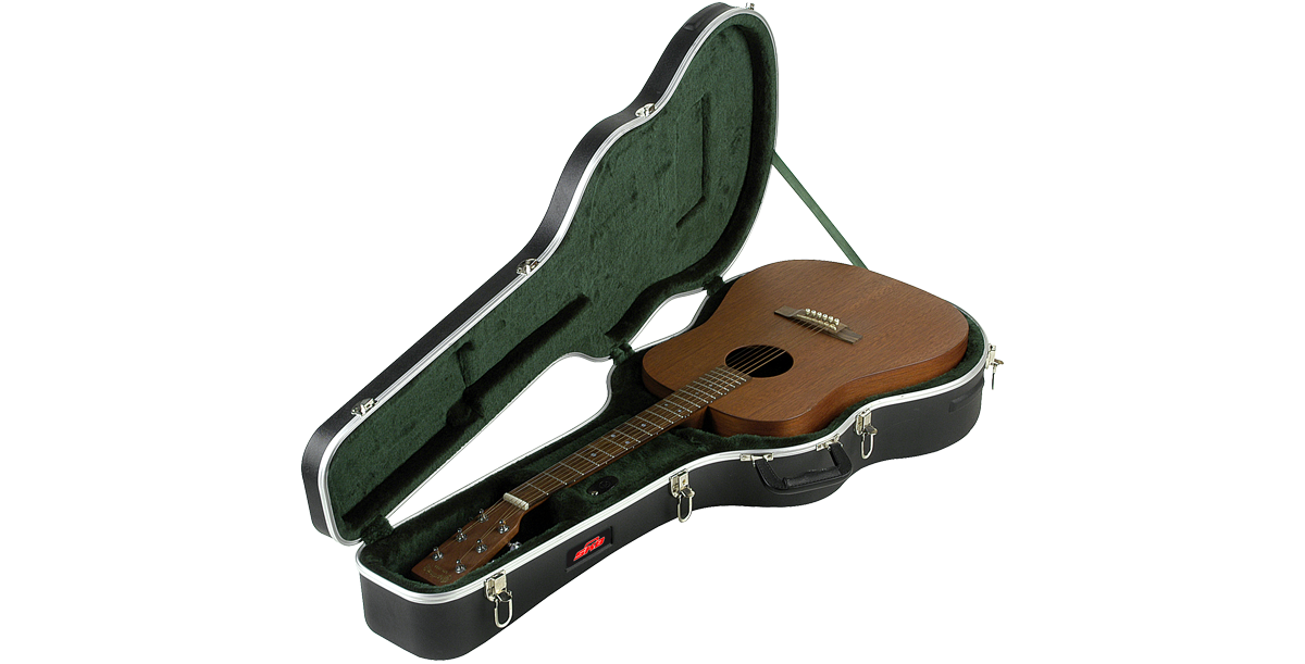 SKB Economy acoustic guitar case open with guitar, featuring green plush EPS lining for maximum instrument safety.