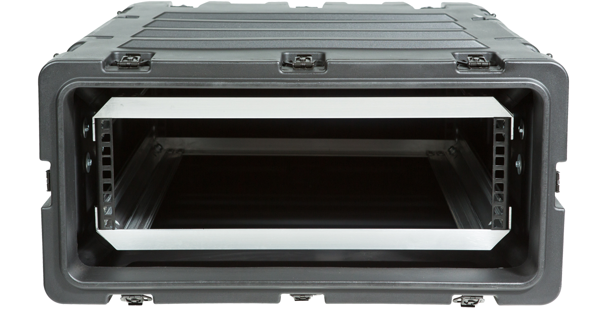 Straight-on front view of 24-Inch Deep Shock Rack Case with visible rack rails for mounting pro audio or IT equipment.