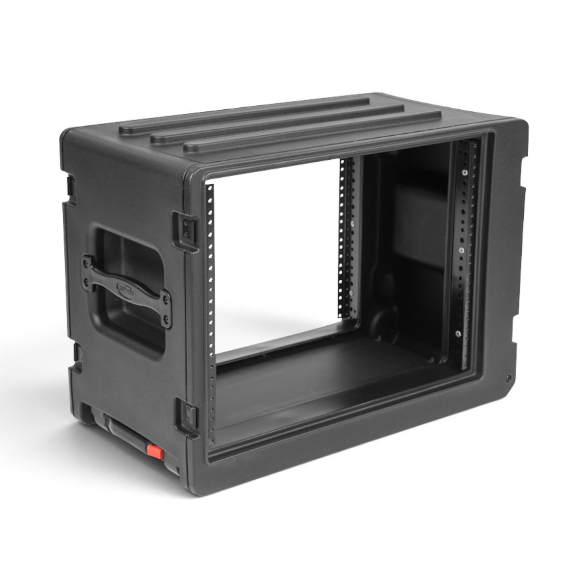 SKB Cases 8U rSeries shallow rolling rack in black polyethylene with steel threaded rails and recessed side handles.