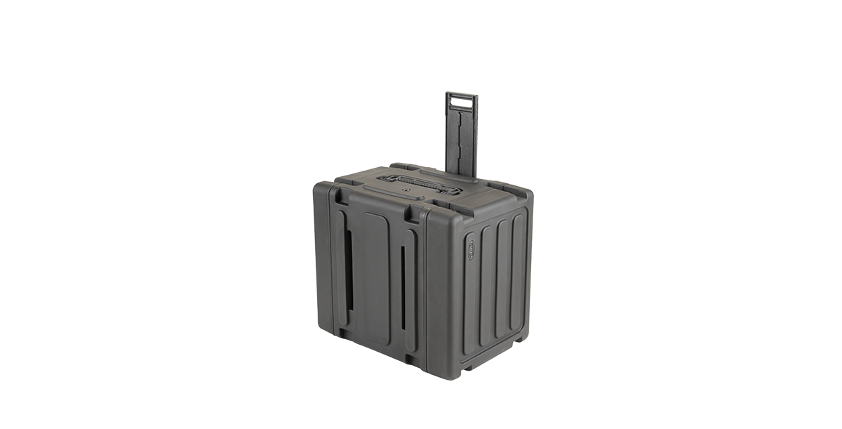 Side angled view of 20-inch Rolling Shock Rack with pull handle extended and reinforced molded casing for transport.