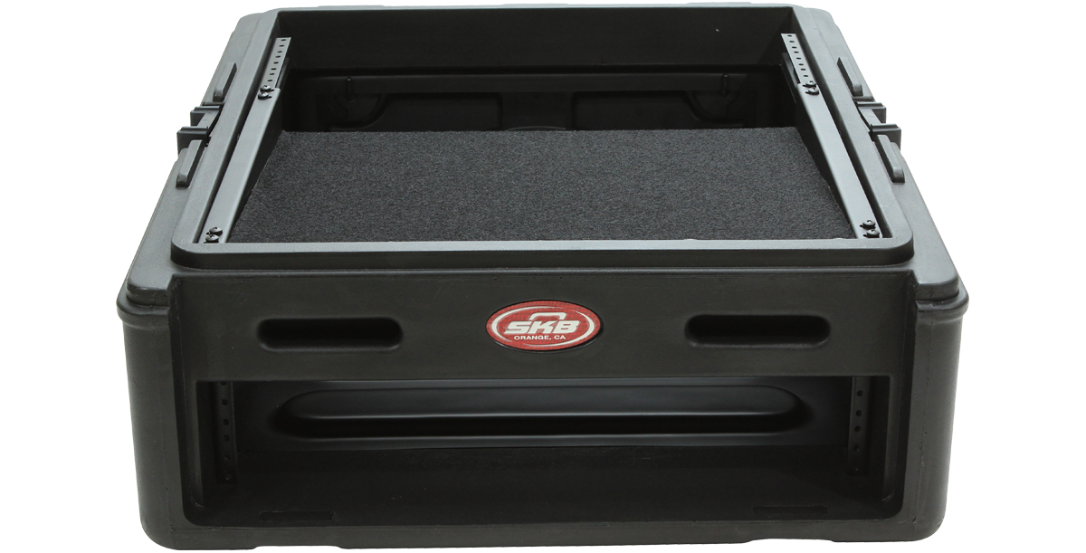Velcro Rack Shelf installed in a slant mount rack case, ideal for securing mixers, laptops, or projectors in pro audio setups.