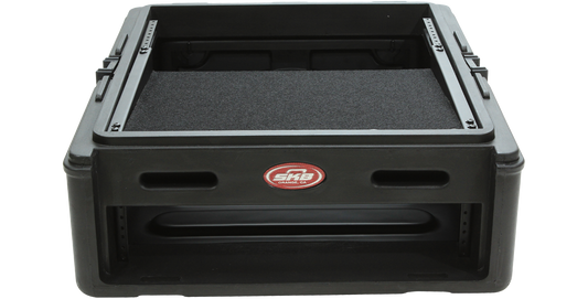 Velcro Rack Shelf installed in a slant mount rack case, ideal for securing mixers, laptops, or projectors in pro audio setups.