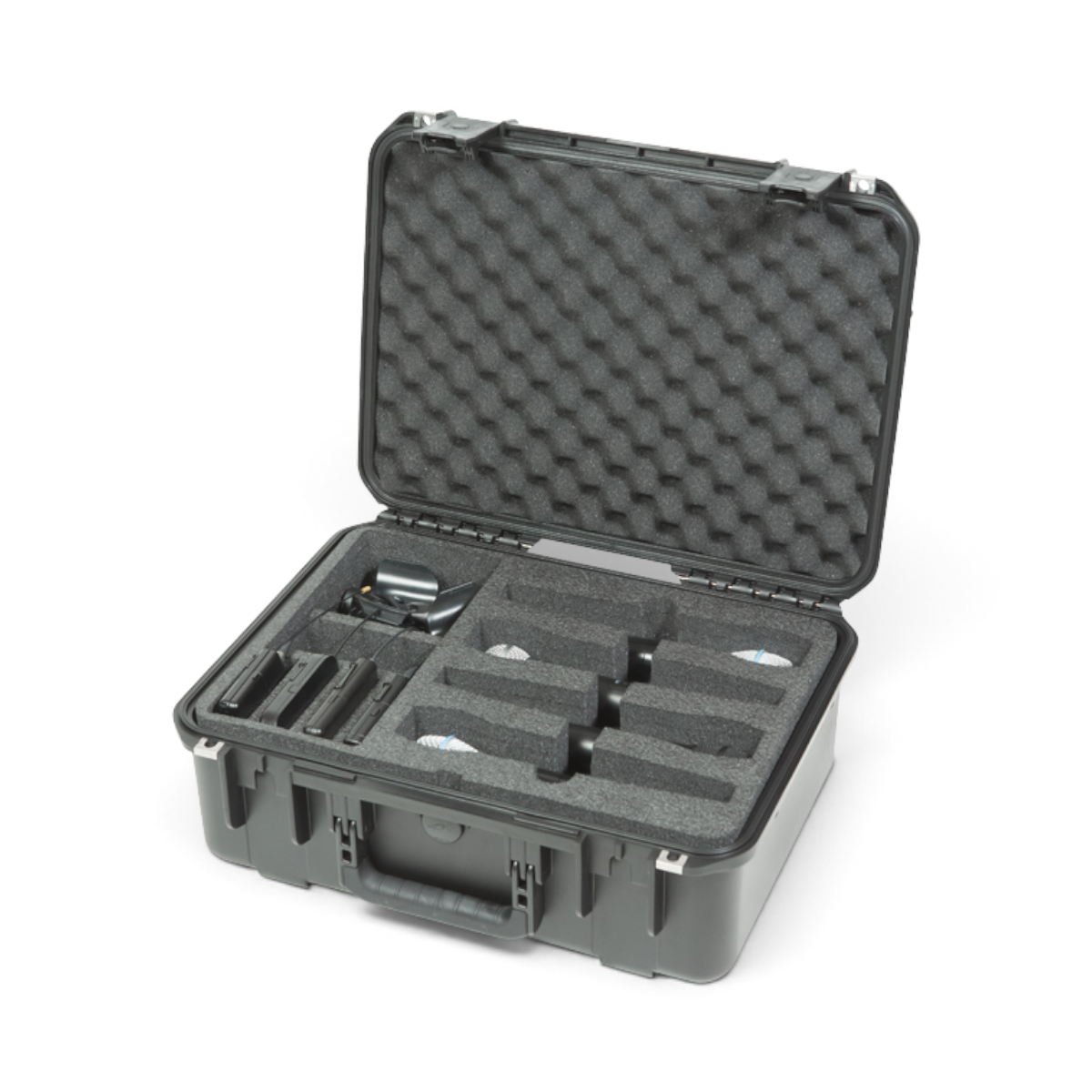 SKB Cases iSeries waterproof wireless microphone case with custom foam interior for eight mics and accessories.