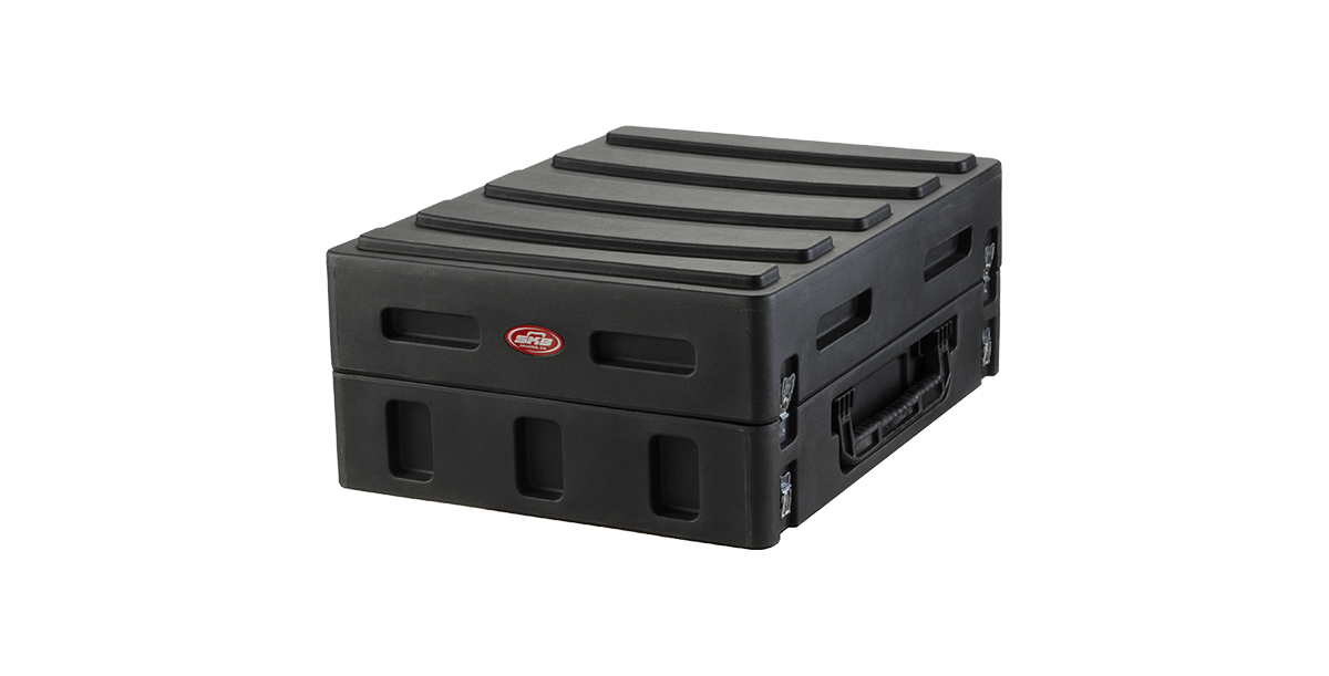 Roto-Molded Gig Safe 14U Rack Case with rugged black exterior and side handles for portable pro audio setups. Durable and secure for travel use.