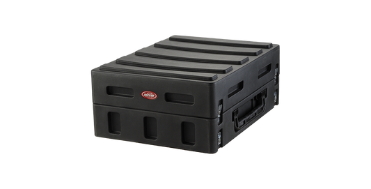 Roto-Molded Gig Safe 14U Rack Case with rugged black exterior and side handles for portable pro audio setups. Durable and secure for travel use.