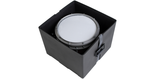 11 x 13 Marching Snare Drum Case with padded interior holding a snare drum, ideal for secure upright storage and transport.