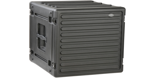 8U Roto Rack Case with durable roto-molded exterior and interlocking design, ideal for stacking with SKB shallow racks.