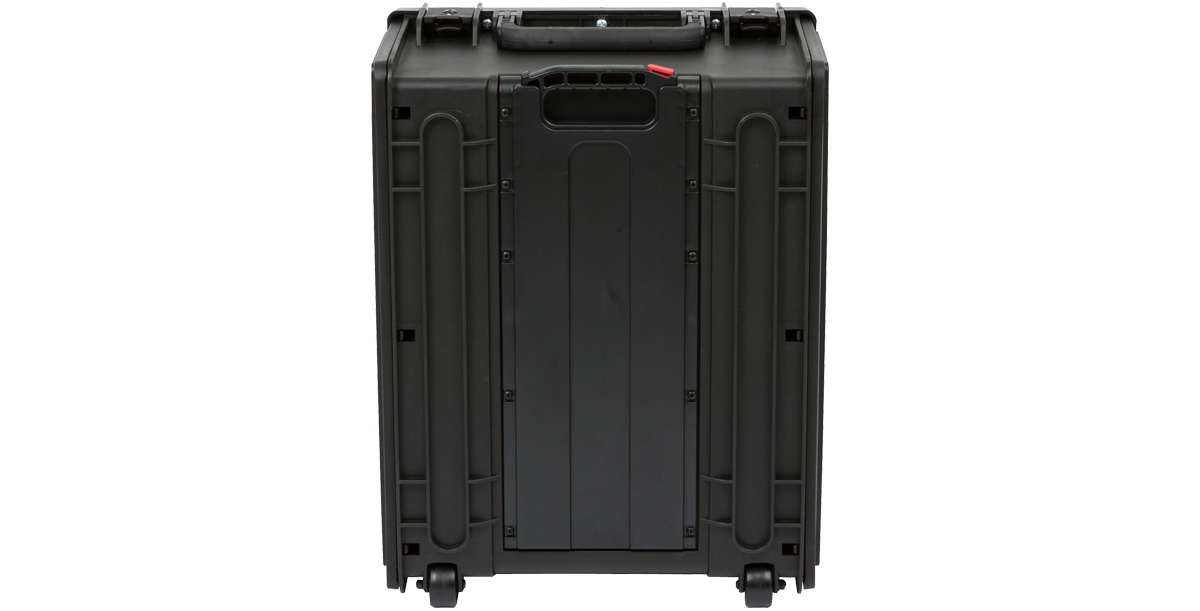 Rear view of 4U Studio Rack Case - Injection Molded showing durable construction and integrated wheels for transport.