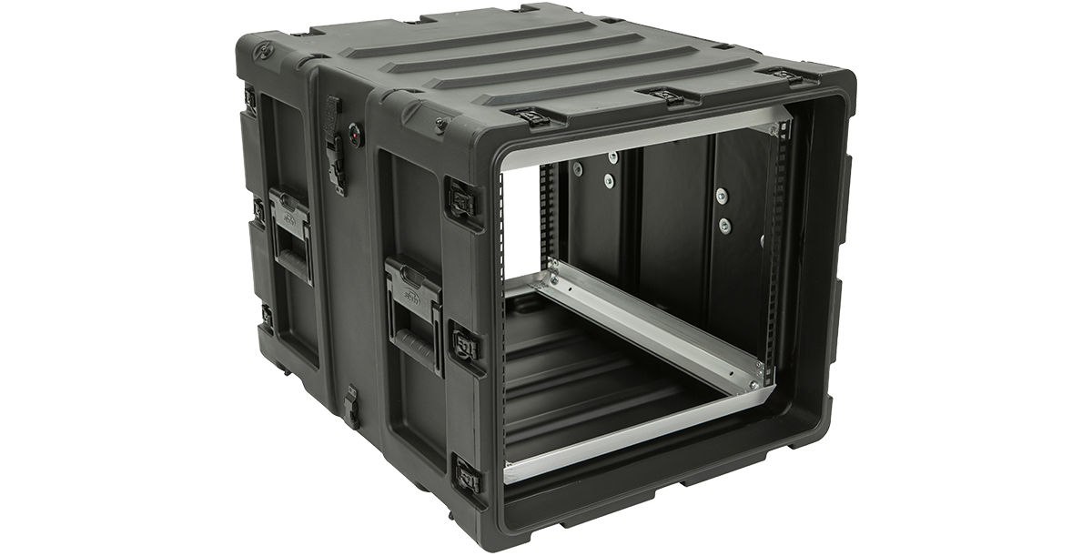 Open side view of SKB 24-Inch Shock Rack Case with visible aluminum rack rails and rugged exterior for secure mounting.