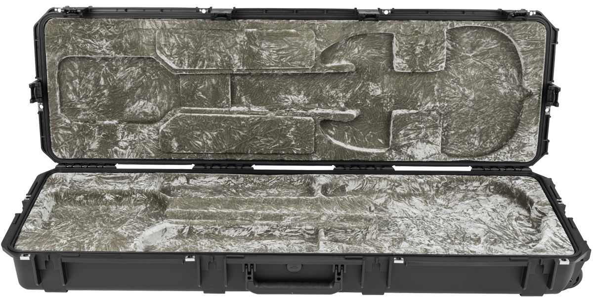 Top-down view of open iSeries Waterproof StingRay Bass Case showing custom foam cutout for secure bass guitar storage. Military-grade build.