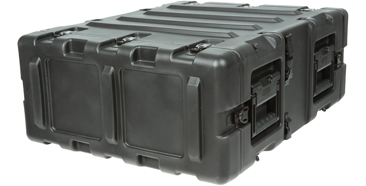 Angled rear view of 20 inch deep shockproof rack, built for durability and secure transport of sensitive electronic devices.