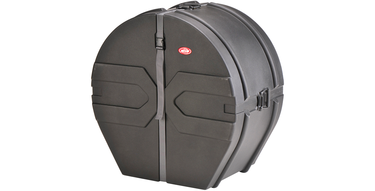 Angled view of Drum Case 16x32 featuring patented Roto-X pattern and reinforced latches for marching band percussion gear.