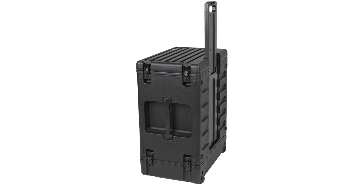 Vertical view of SKB 6U Rolling Rack with extended handle and wheels, ideal for mobile storage and easy transport.