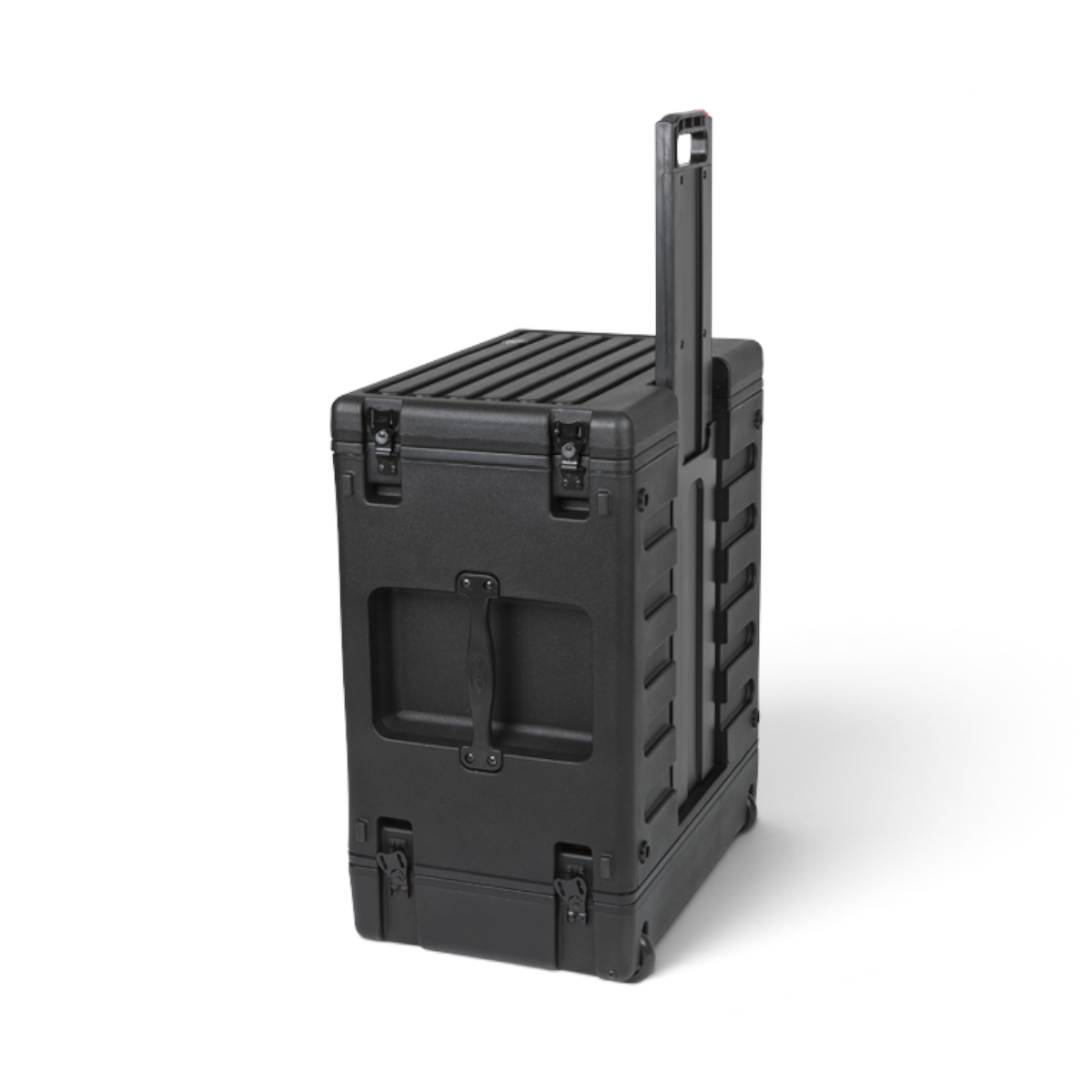Vertical view of SKB 6U Rolling Rack with extended handle and wheels, ideal for mobile storage and easy transport.
